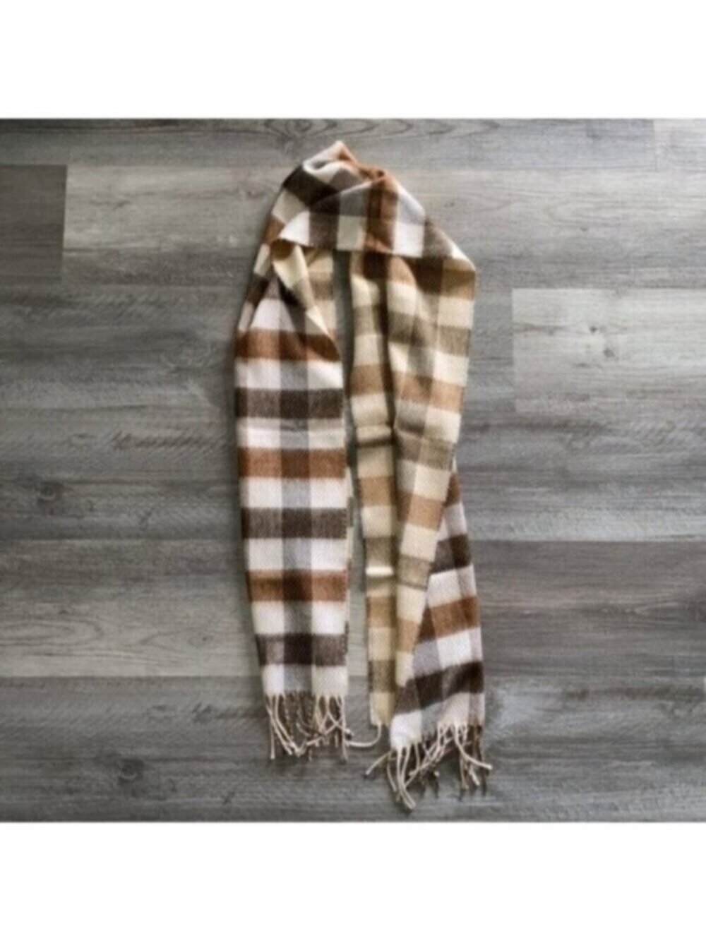 Scarf Womens Mens 12” x 64” Cashmere Blend Knit Cream Brown Tan Plaid Fringe